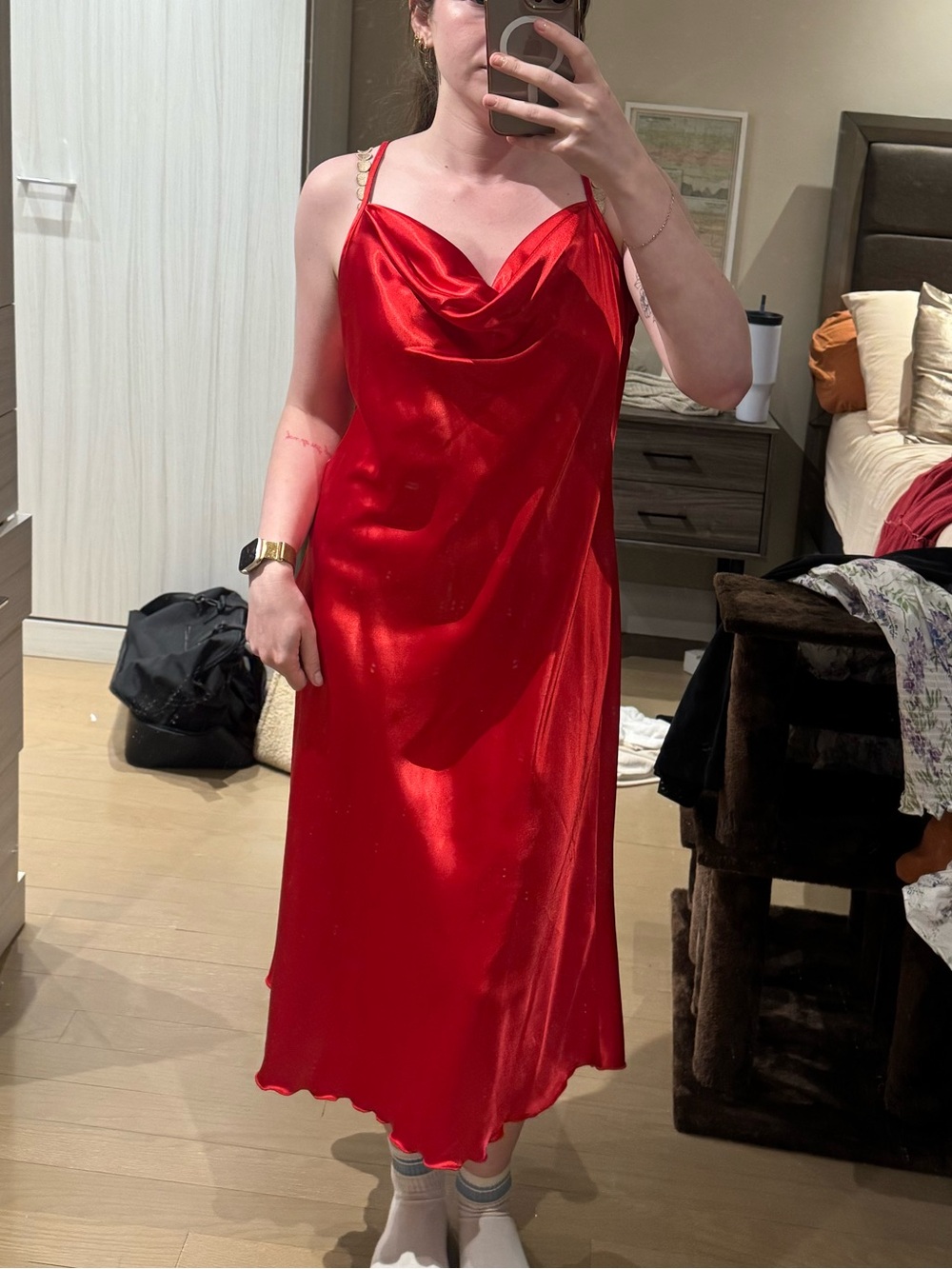 bebe Red Satin Slip Midi Dress with Cowl Neck